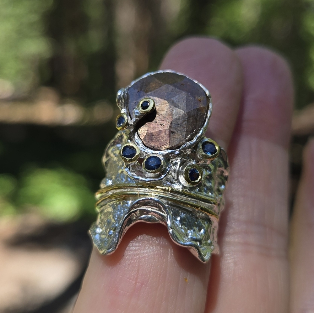 Black & Blue Sapphire Ornate Silver & Gold Moon Ring Sz7.5 - Picture 8 of 9